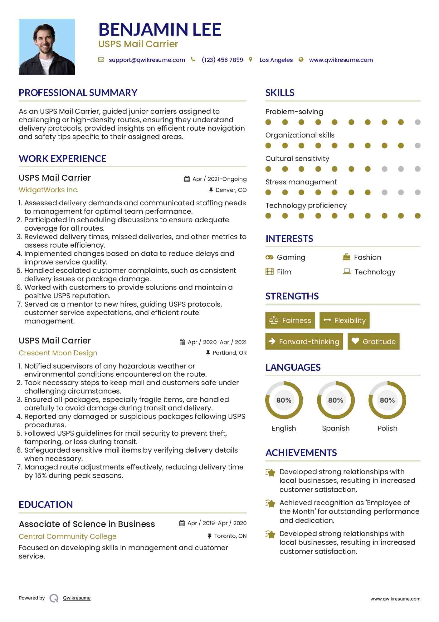 USPS Mail Carrier Resume Example