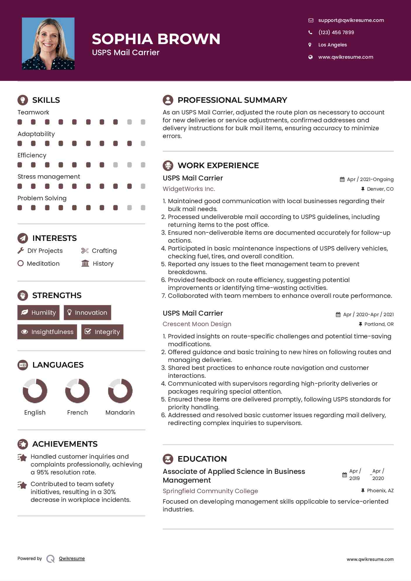 USPS Mail Carrier Resume Sample