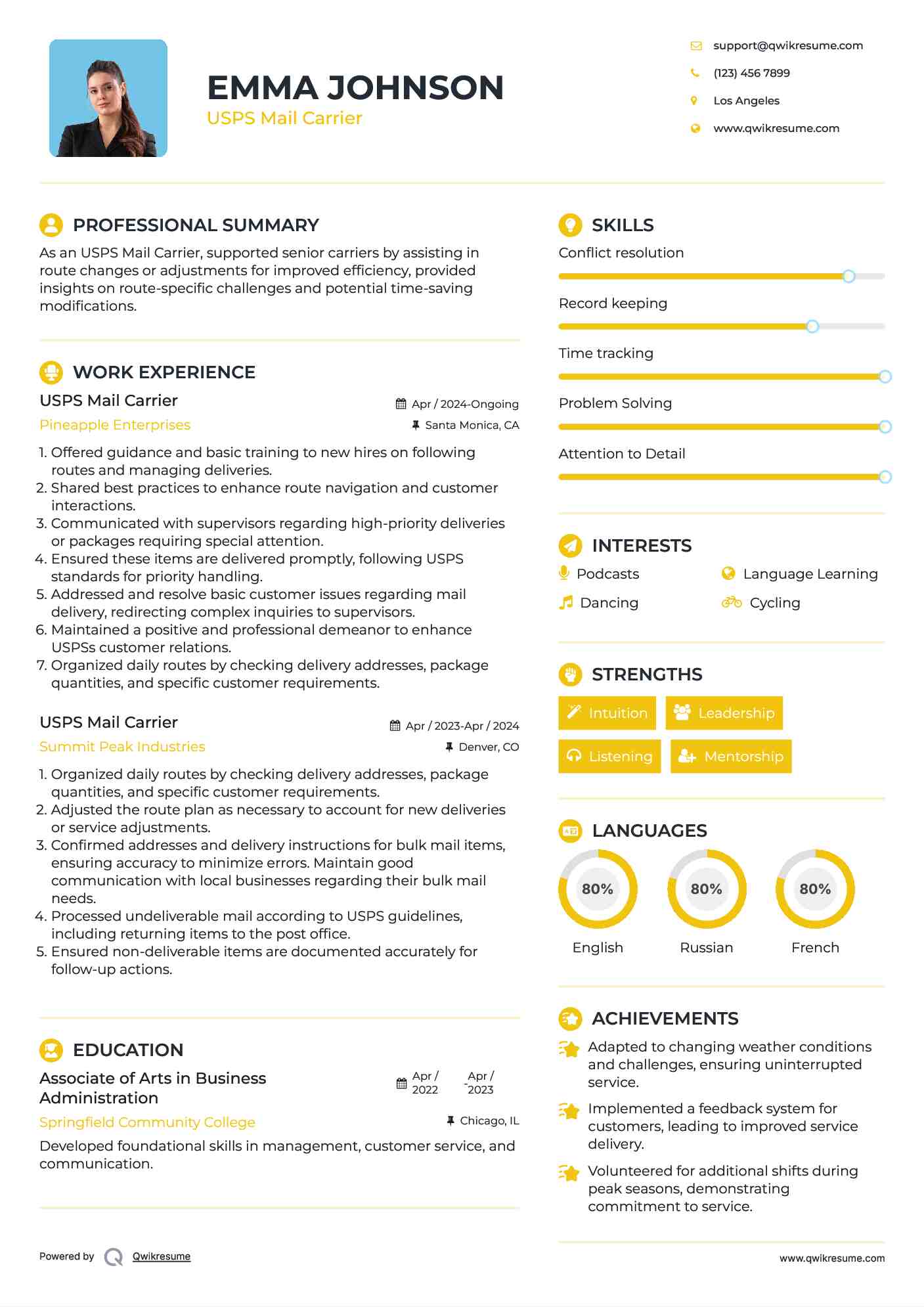 USPS Mail Carrier Resume Template