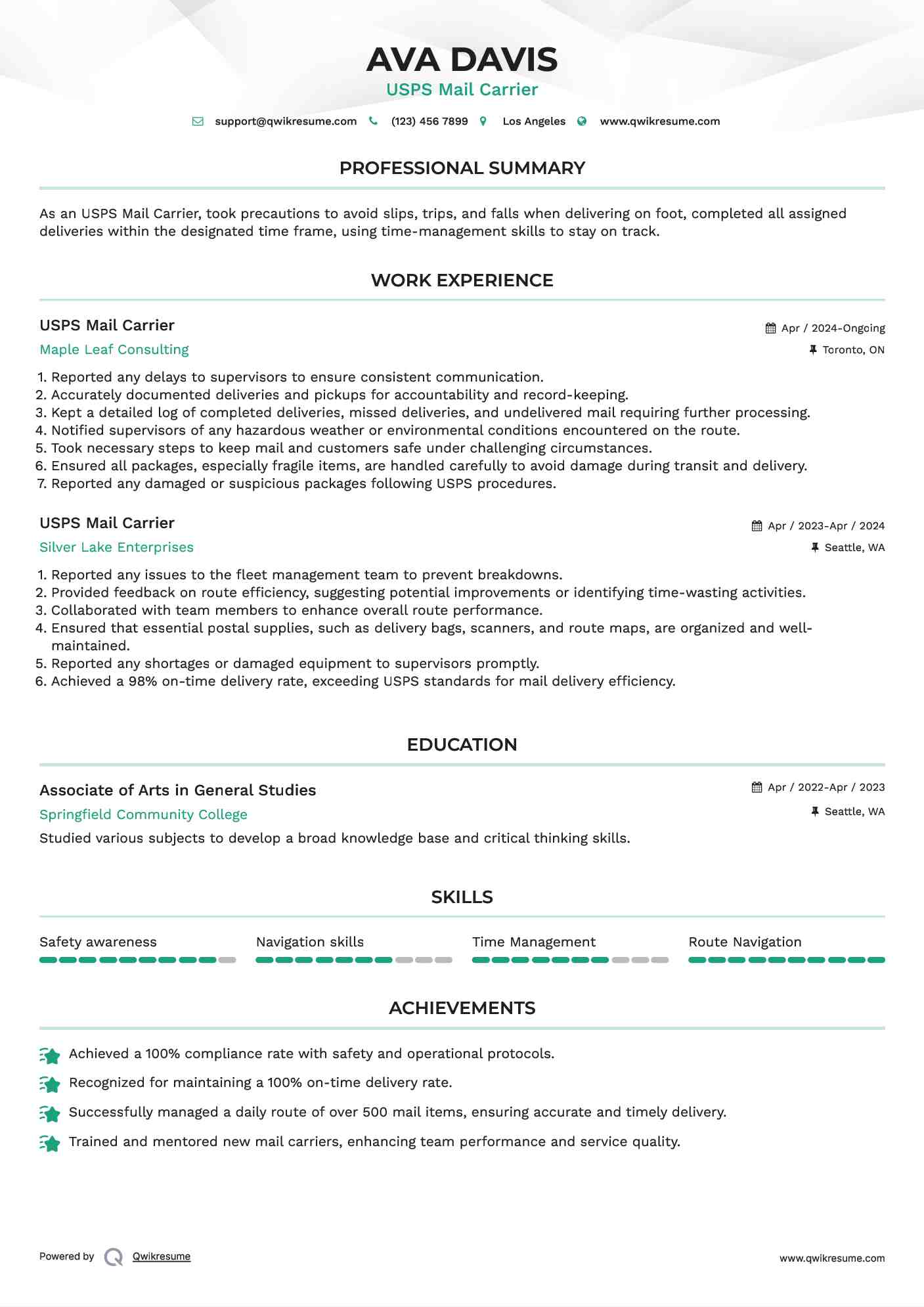 USPS Mail Carrier Resume Sample