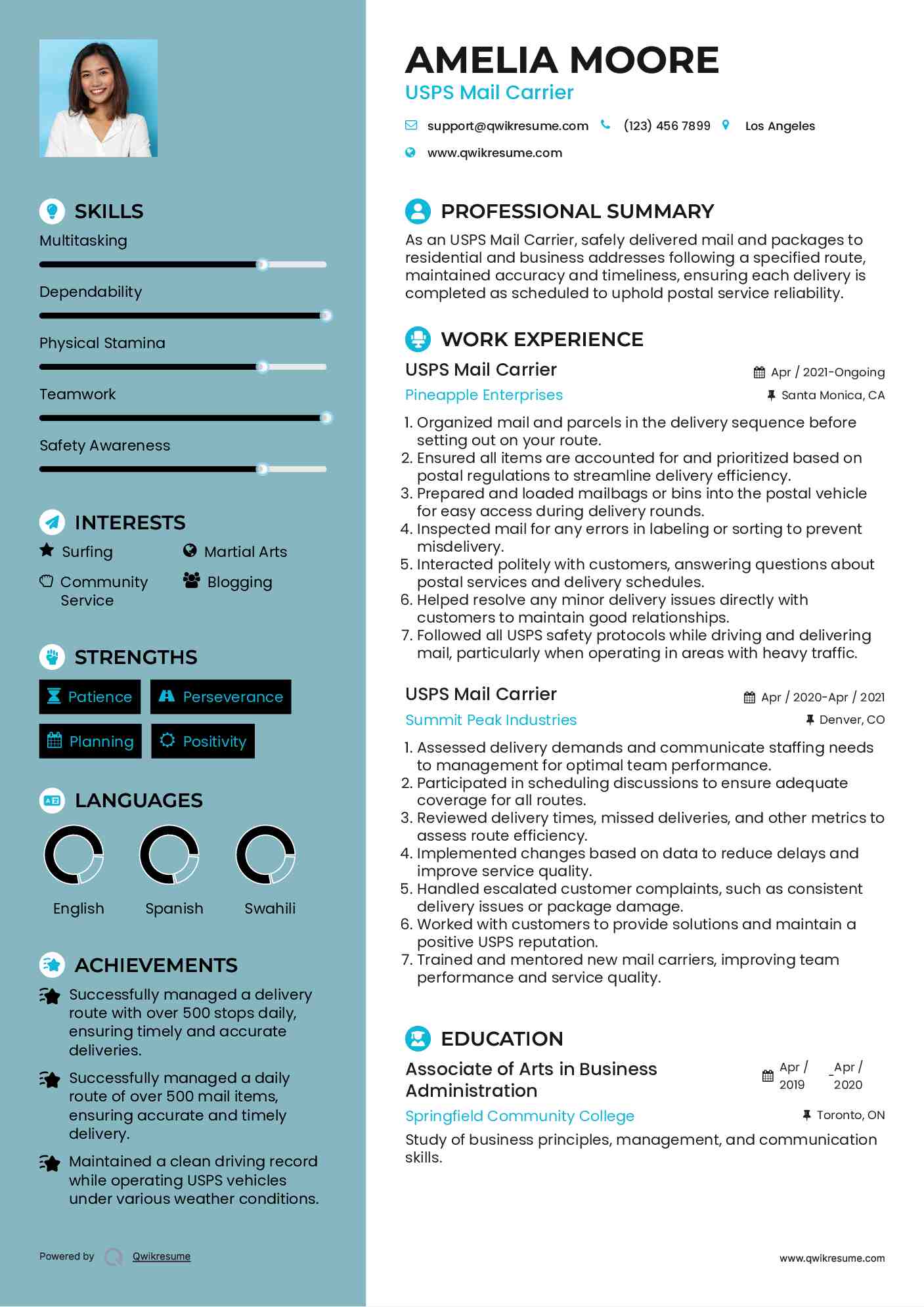 USPS Mail Carrier Resume Example