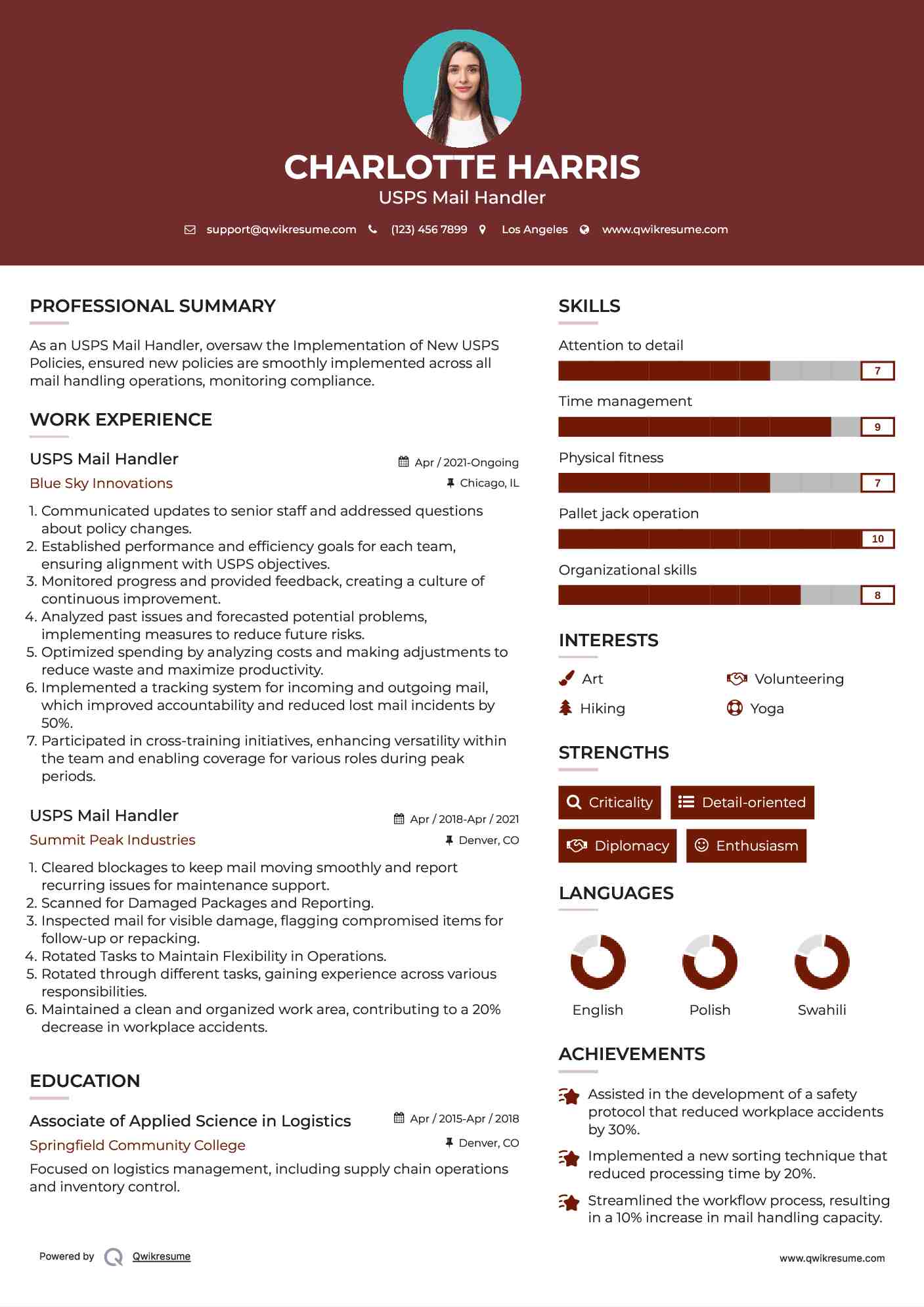 USPS Mail Handler Resume Sample