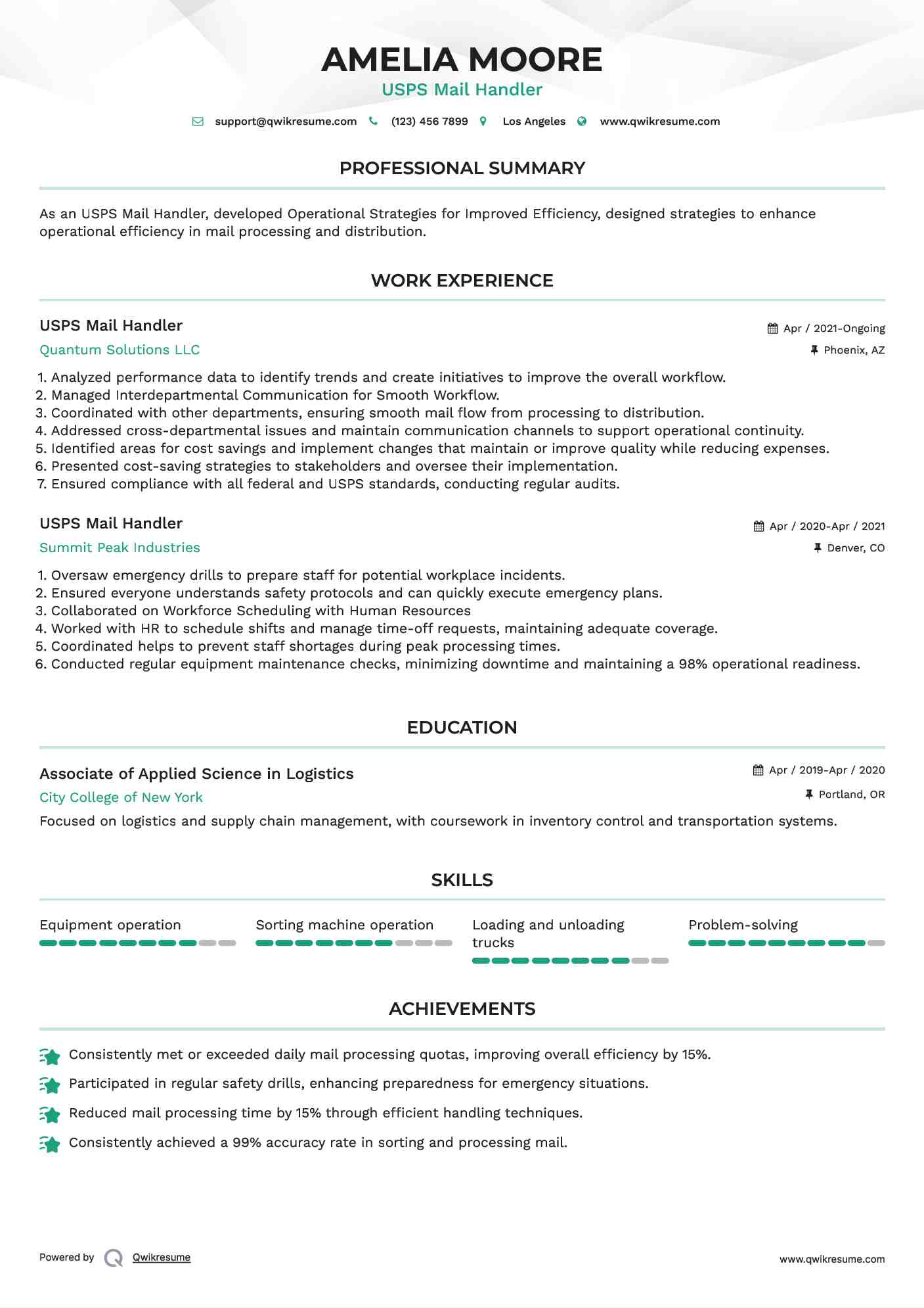 USPS Mail Handler Resume Format