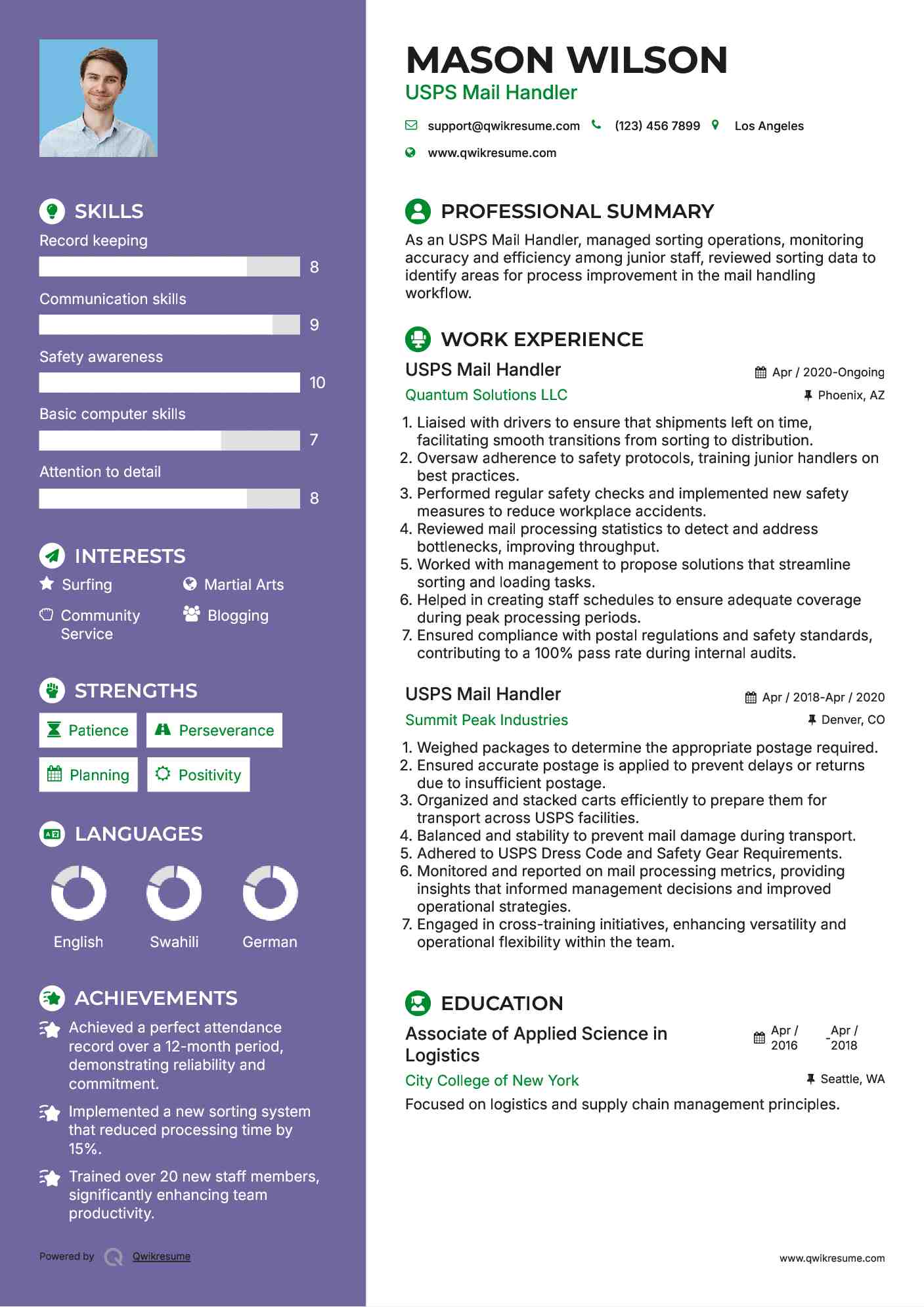 USPS Mail Handler Resume Template