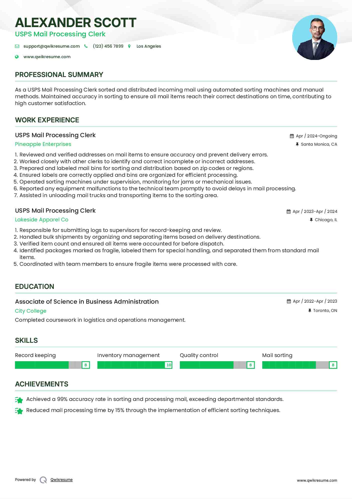 USPS Mail Processing Clerk Resume Sample