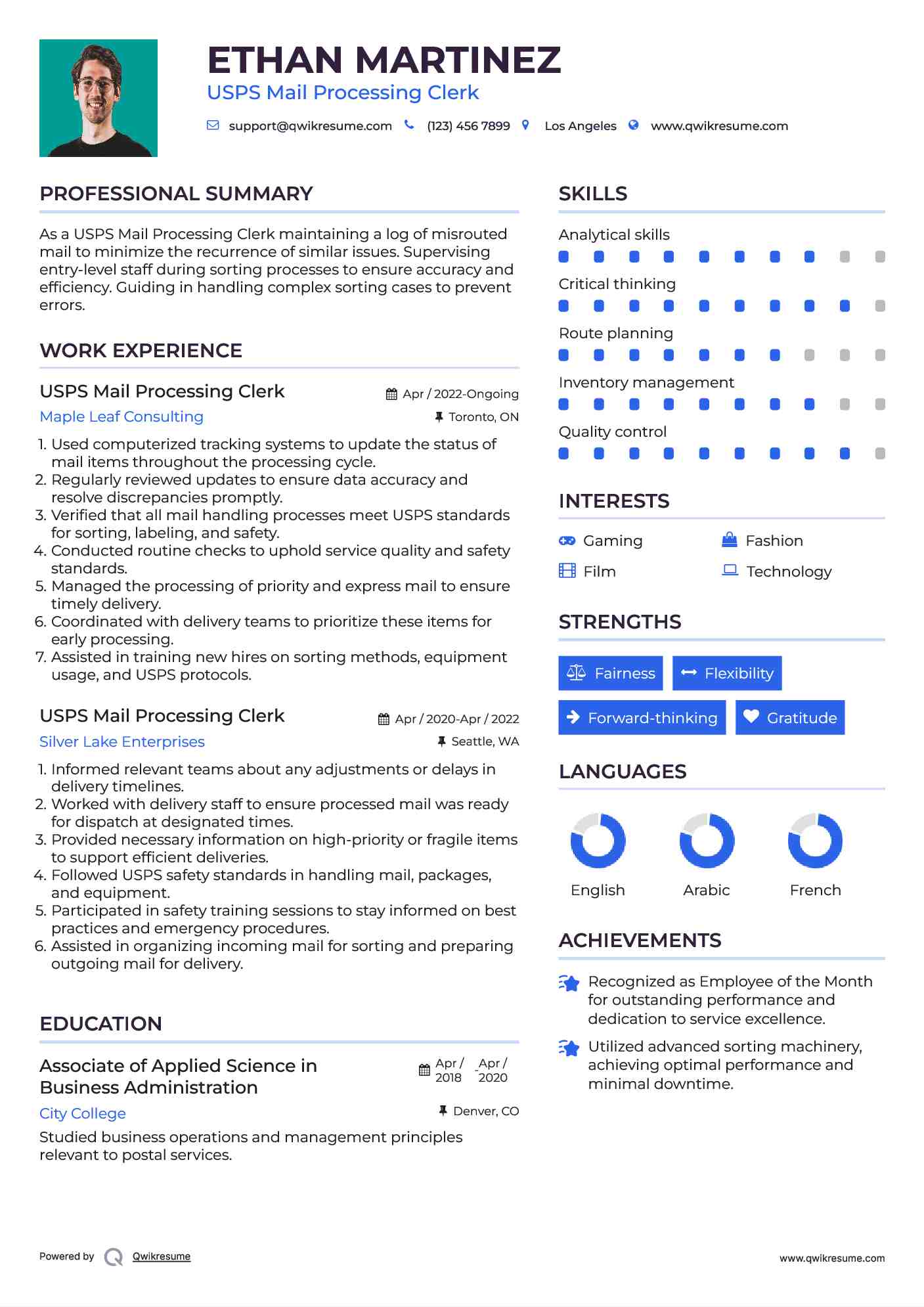 USPS Mail Processing Clerk Resume Format