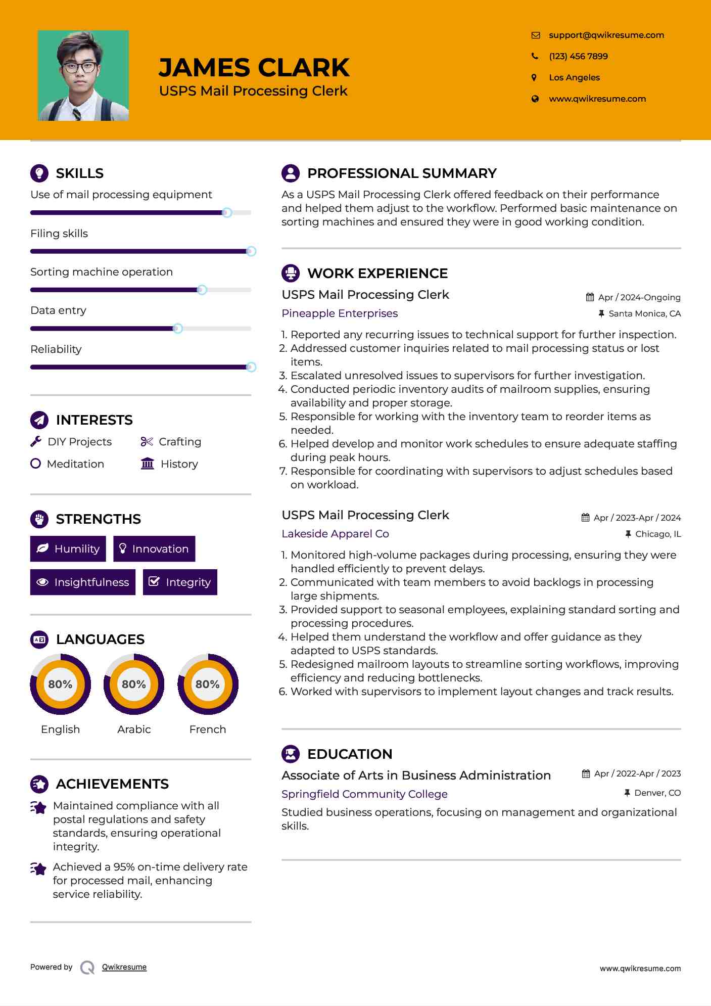 USPS Mail Processing Clerk Resume Example