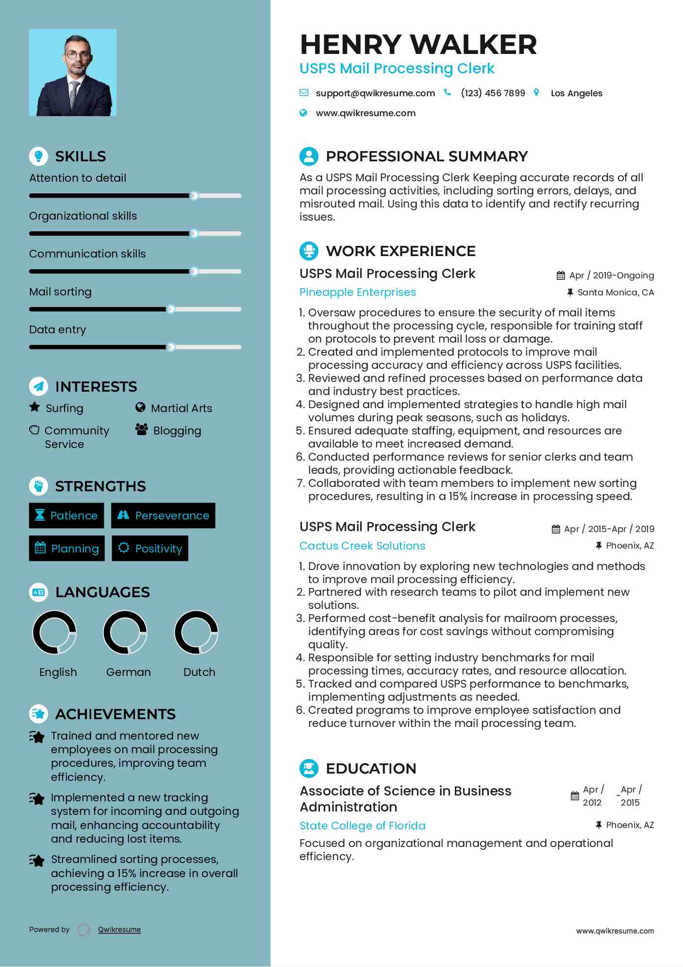 USPS Mail Processing Clerk Resume Example