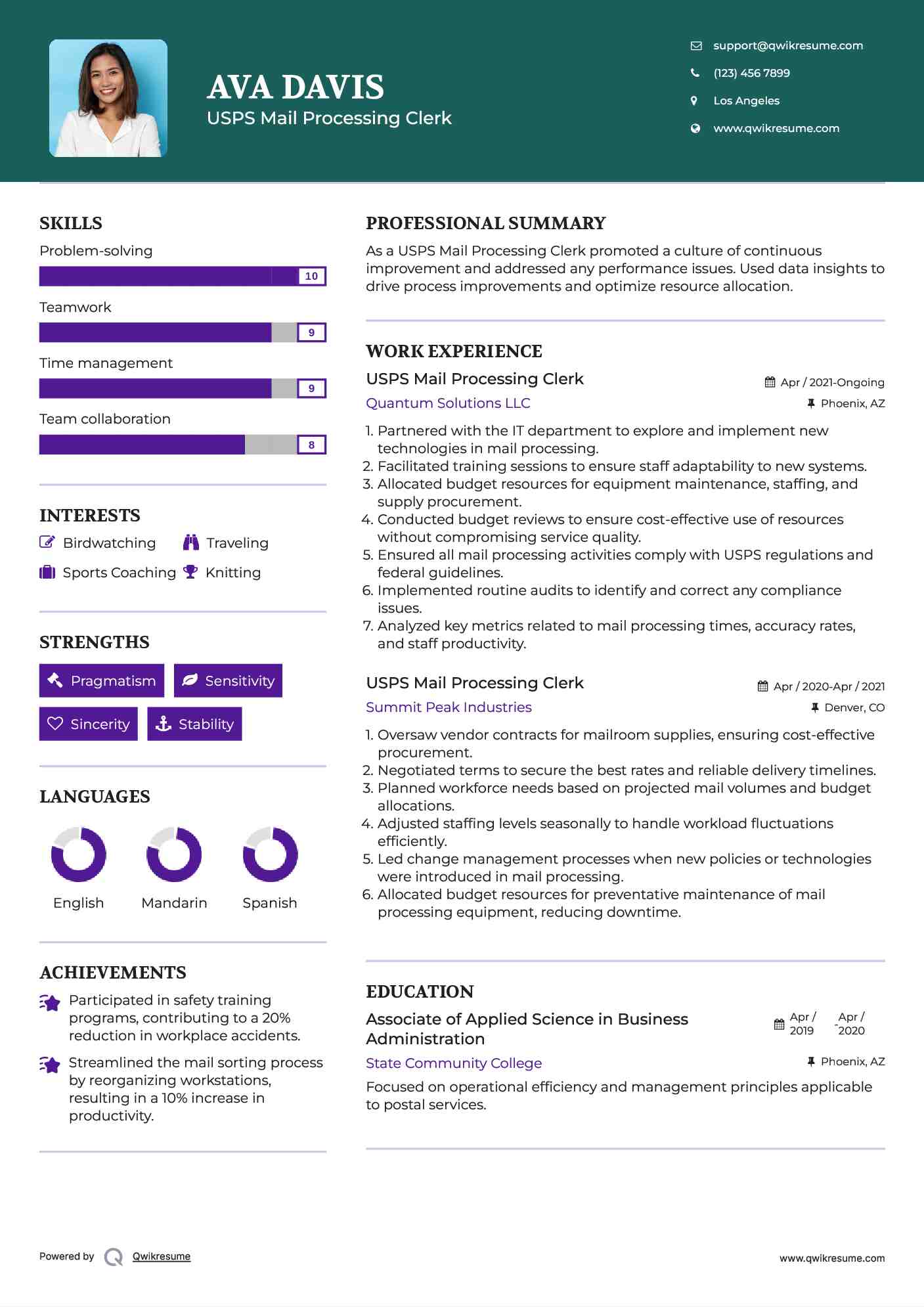USPS Mail Processing Clerk Resume Example