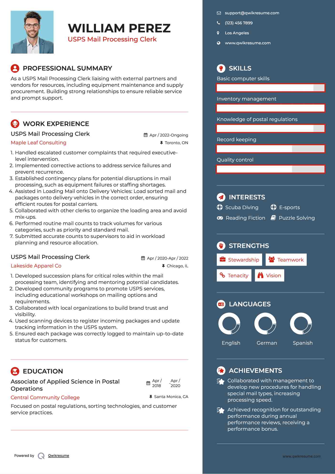 USPS Mail Processing Clerk Resume Example