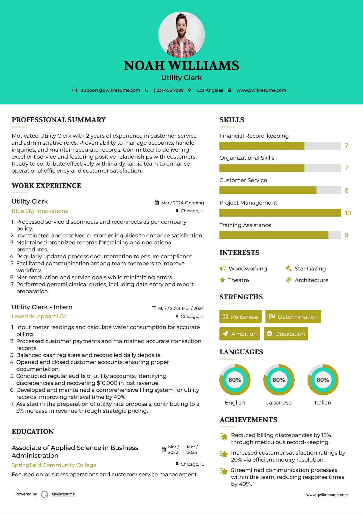 Utility Clerk Resume Samples QwikResume