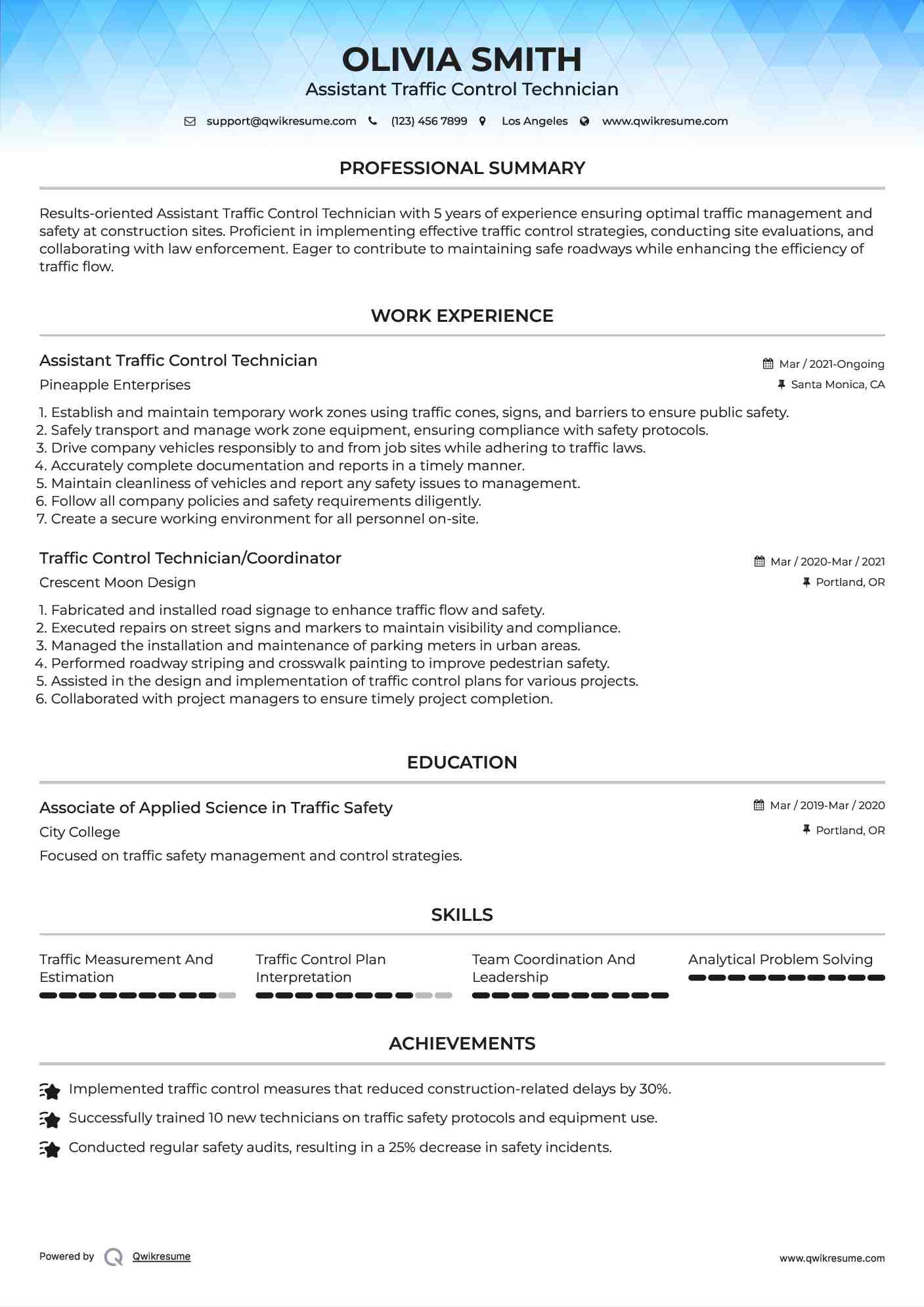 Assistant Traffic Control Technician Resume Sample