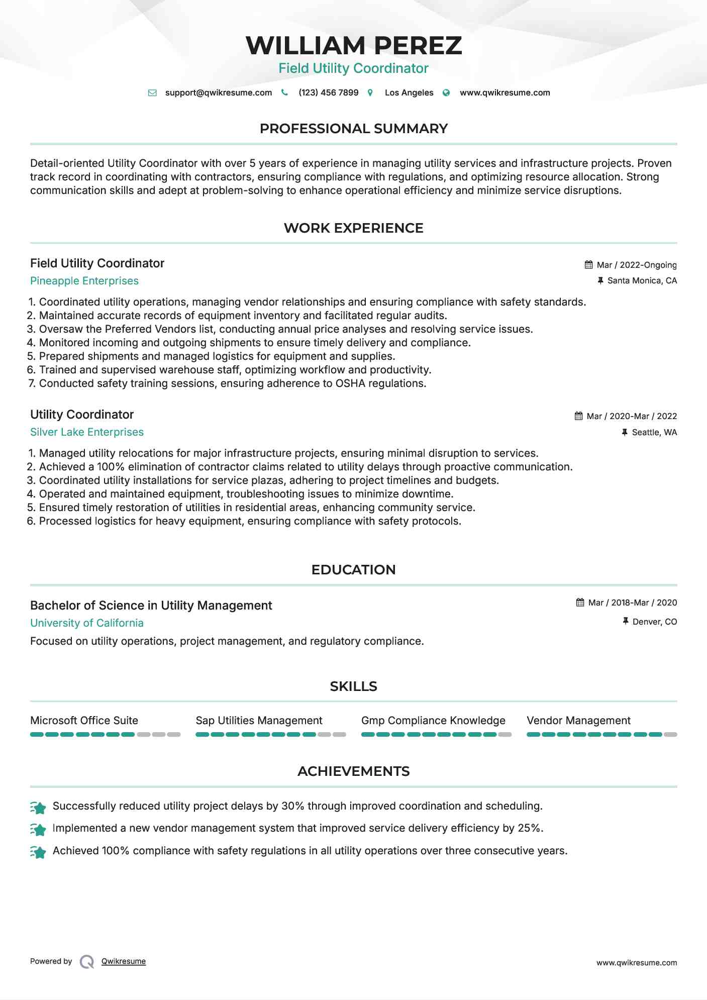 Field Utility Coordinator Resume Format