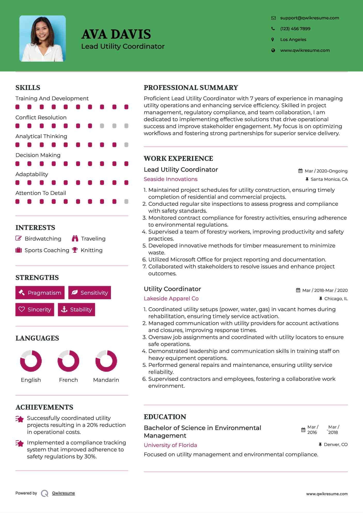 Lead Utility Coordinator Resume Sample