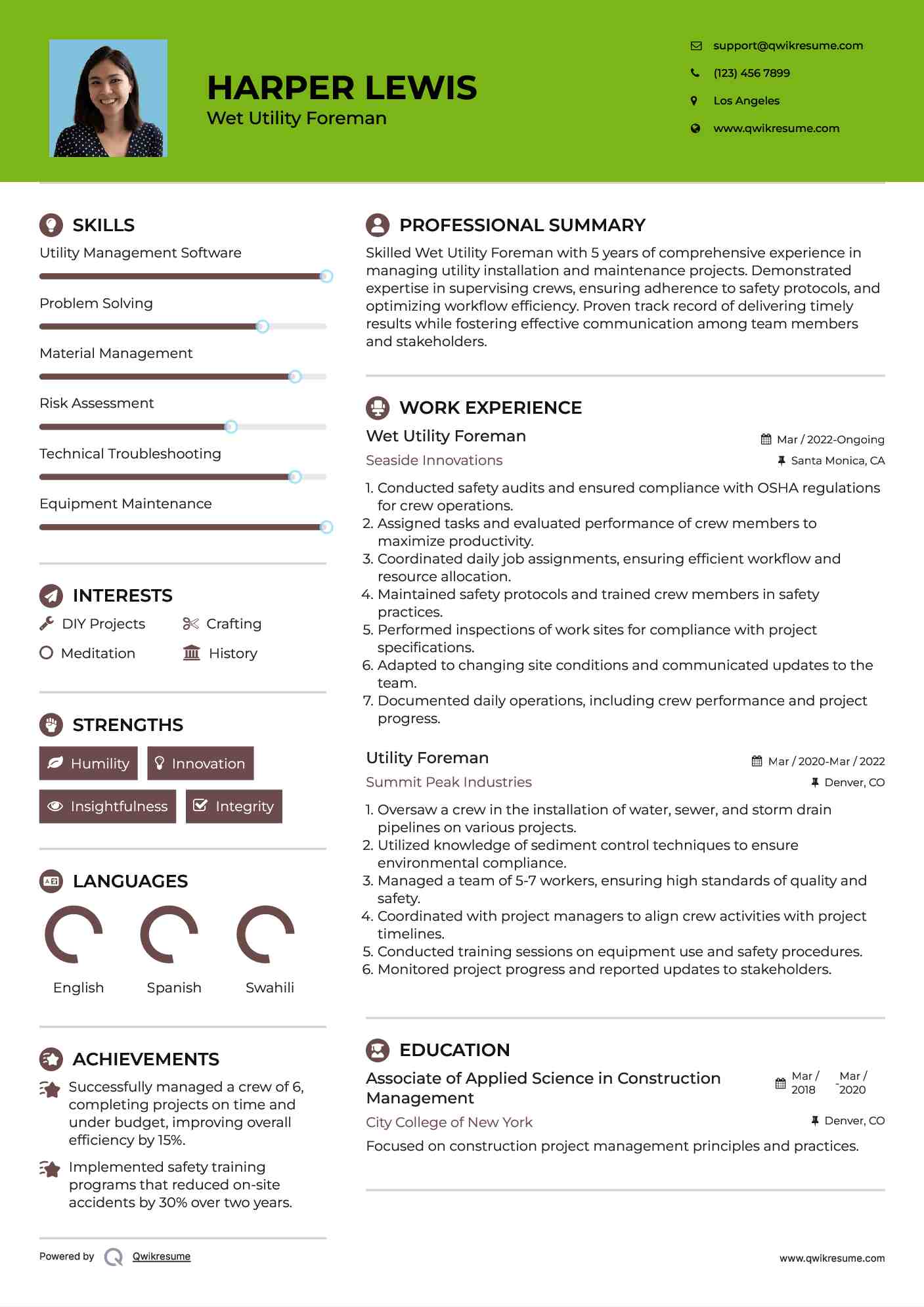Wet Utility Foreman
 Resume Model