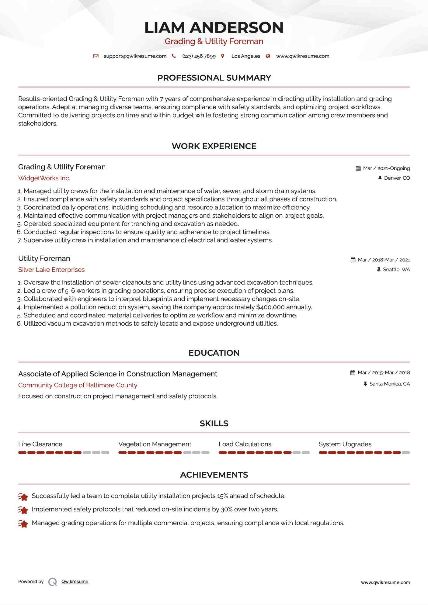 Grading & Utility Foreman
 Resume Format