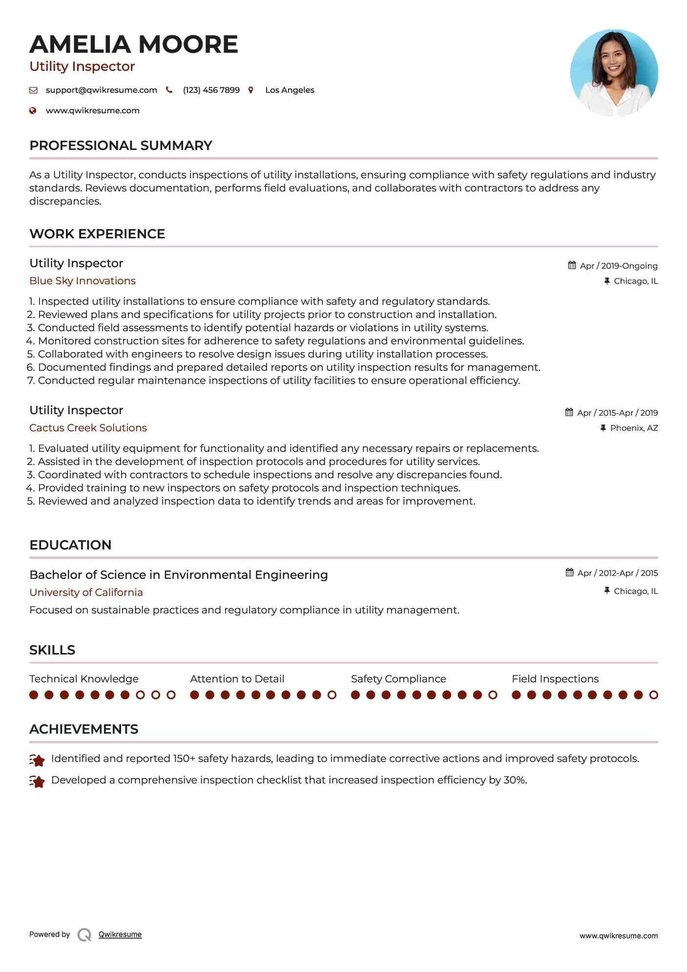 Utility Inspector Resume Sample