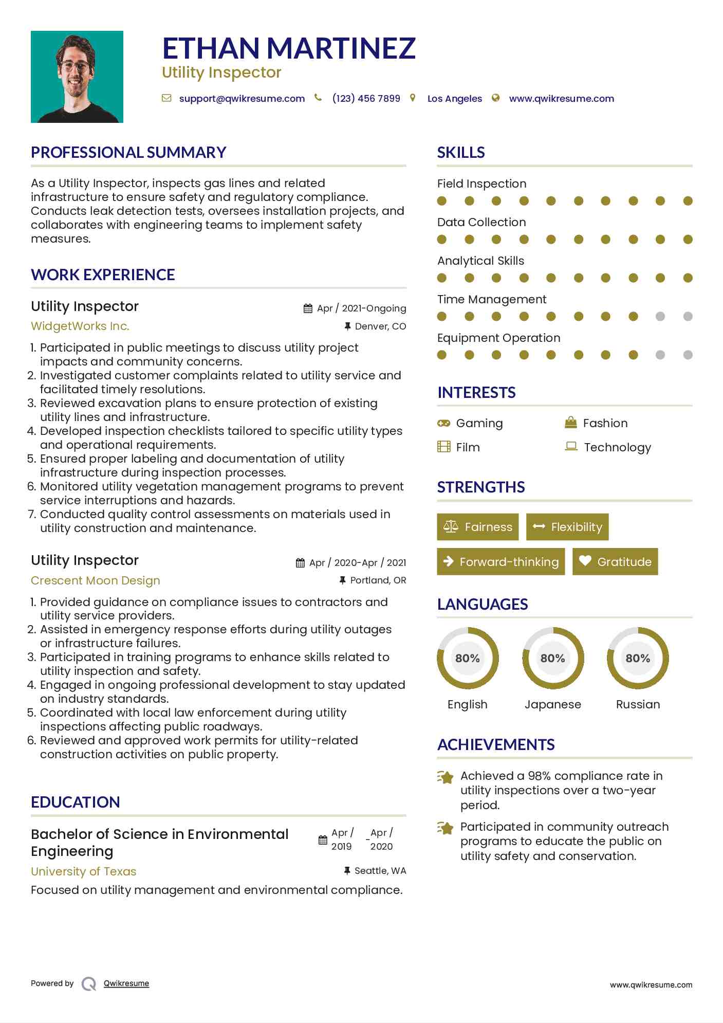 Utility Inspector Resume Sample