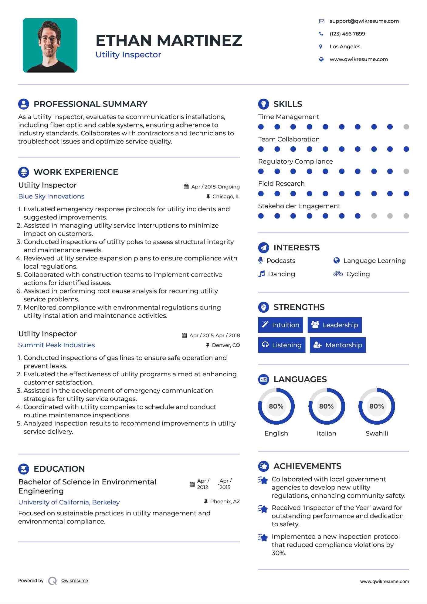 Utility Inspector Resume Sample