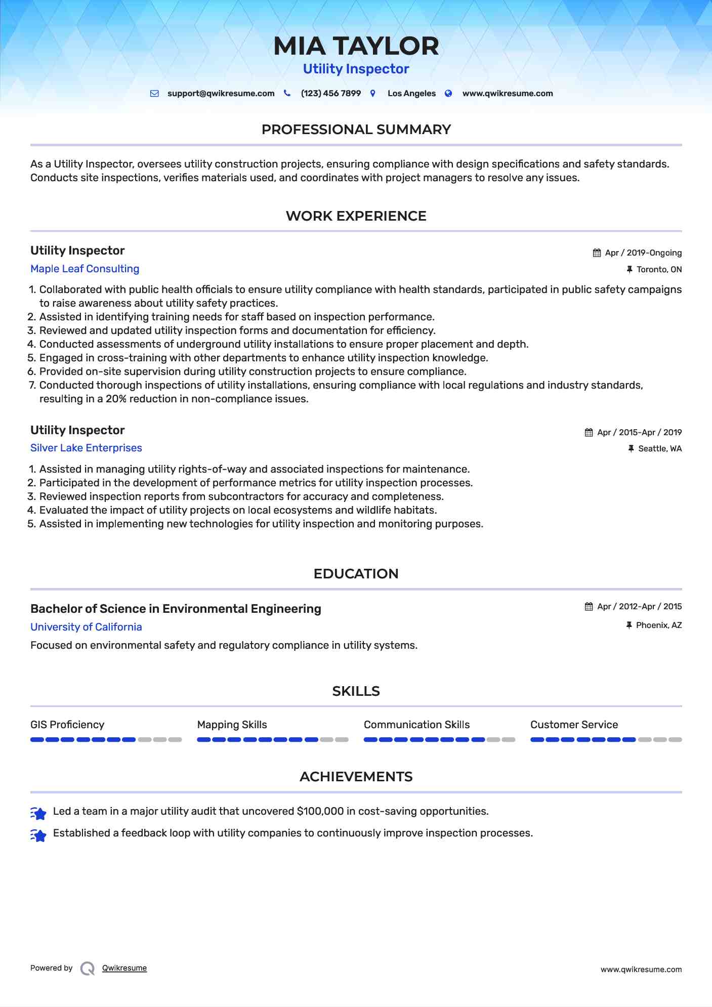 Utility Inspector Resume Sample