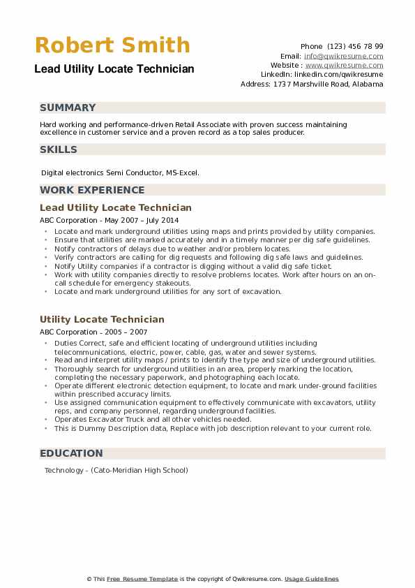 Utility Locate Technician Resume Samples QwikResume
