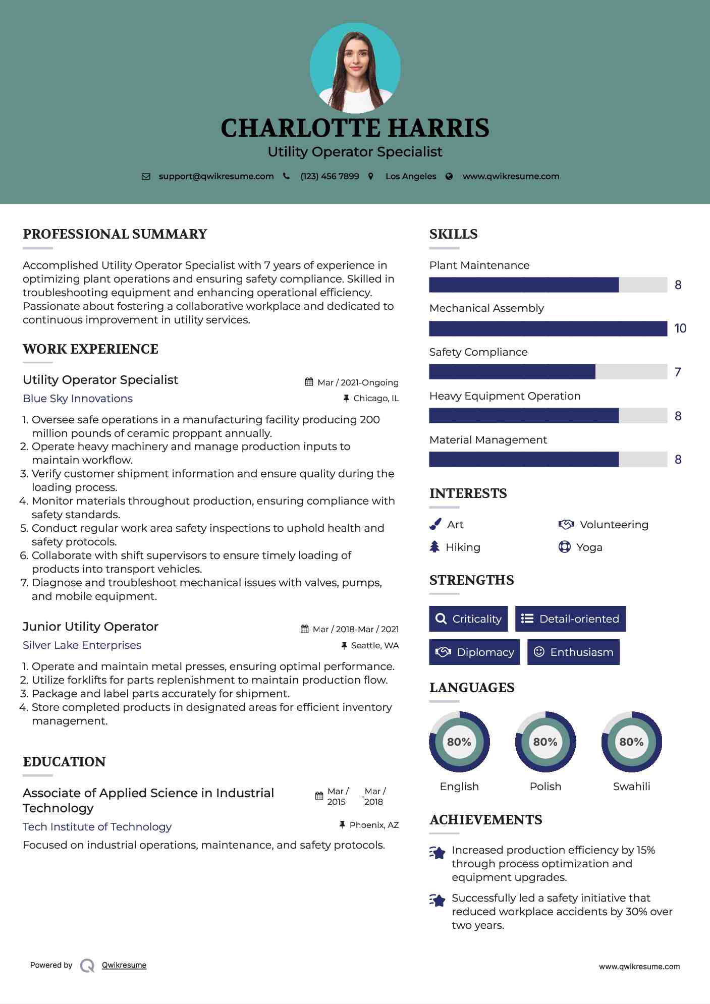 Utility Operator Specialist Resume Model