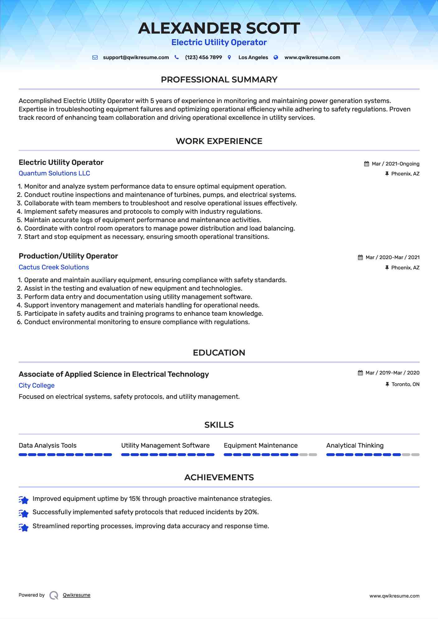 Electric Utility Operator Resume Sample