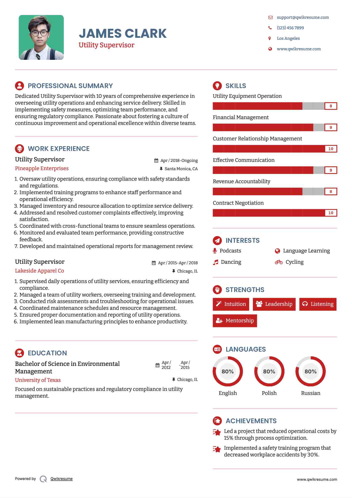 Utility Supervisor Resume Sample