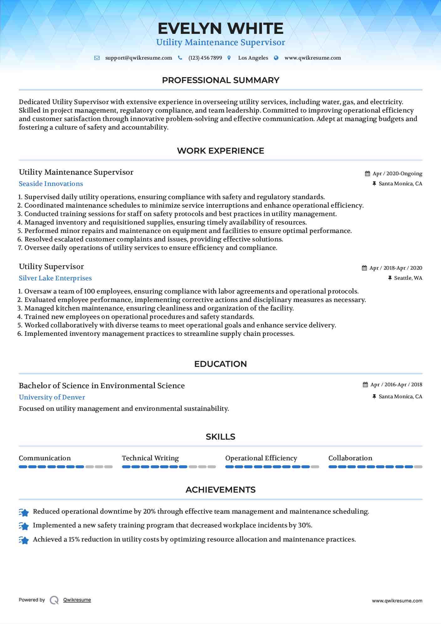 Utility Maintenance Supervisor Resume Model