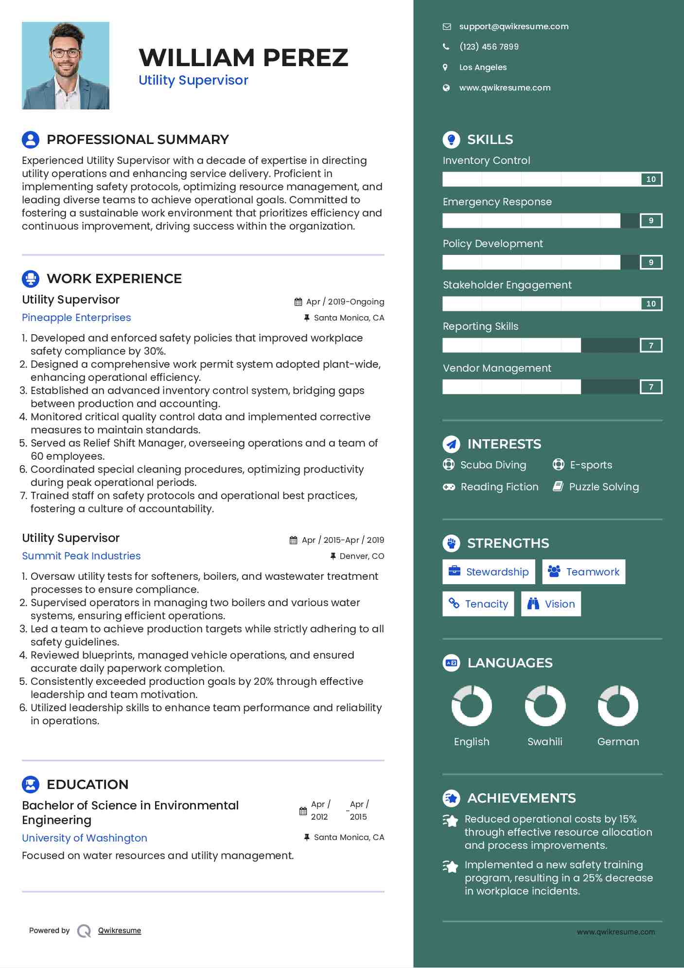 Utility Supervisor Resume Format