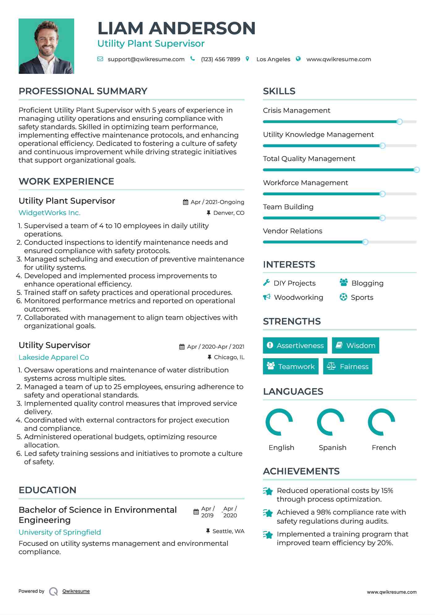 Utility Plant Supervisor Resume Sample