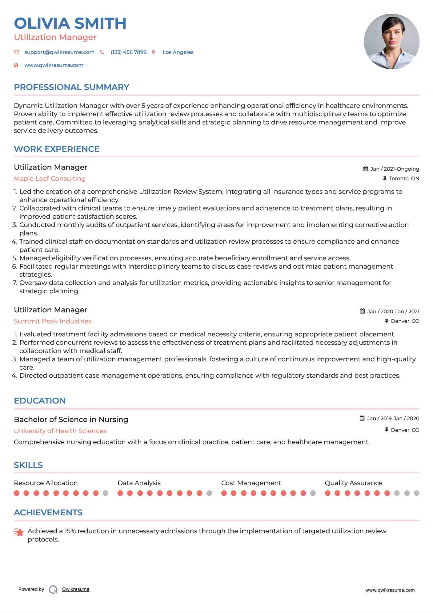 Utilization Manager Resume Example