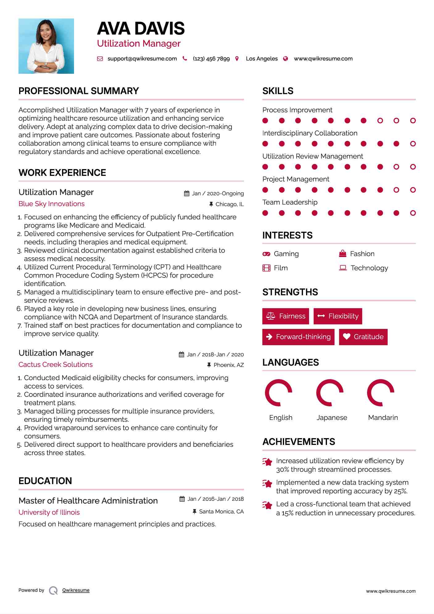 Utilization Manager Resume Sample