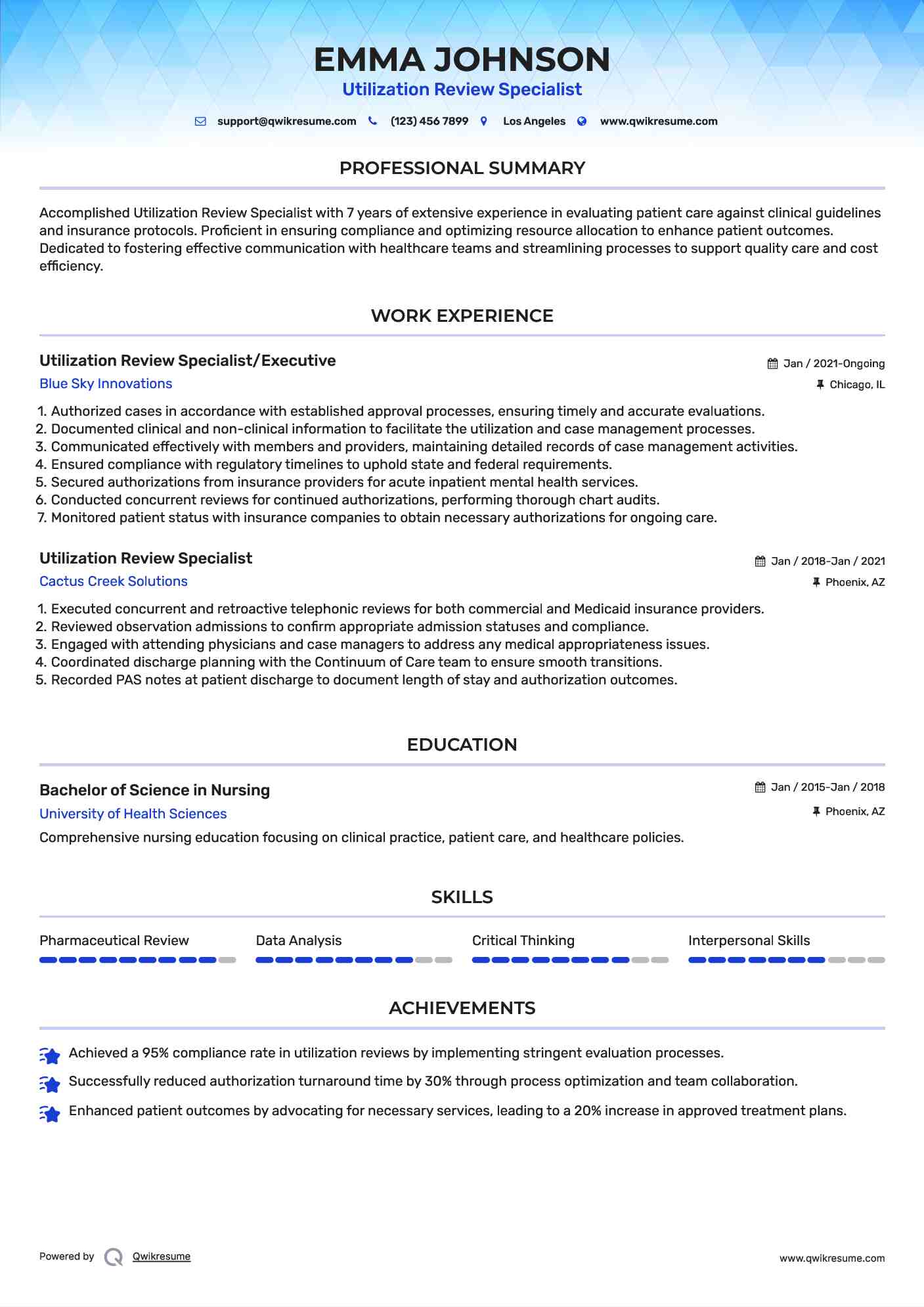 Utilization Review Specialist/Executive Resume Sample