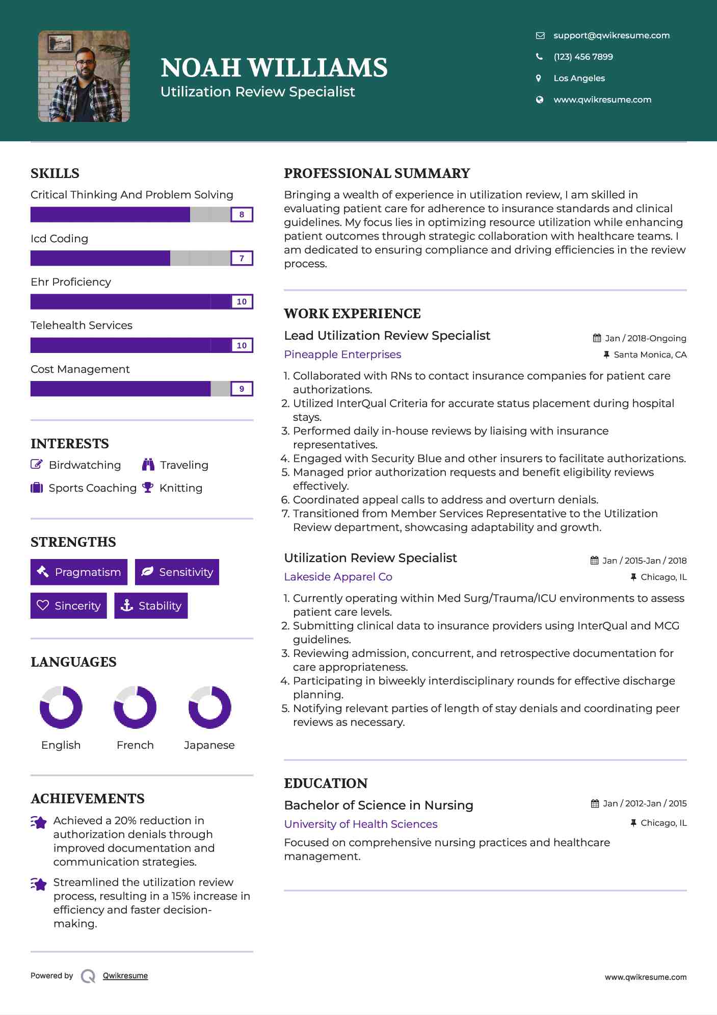 Lead Utilization Review Specialist Resume Sample