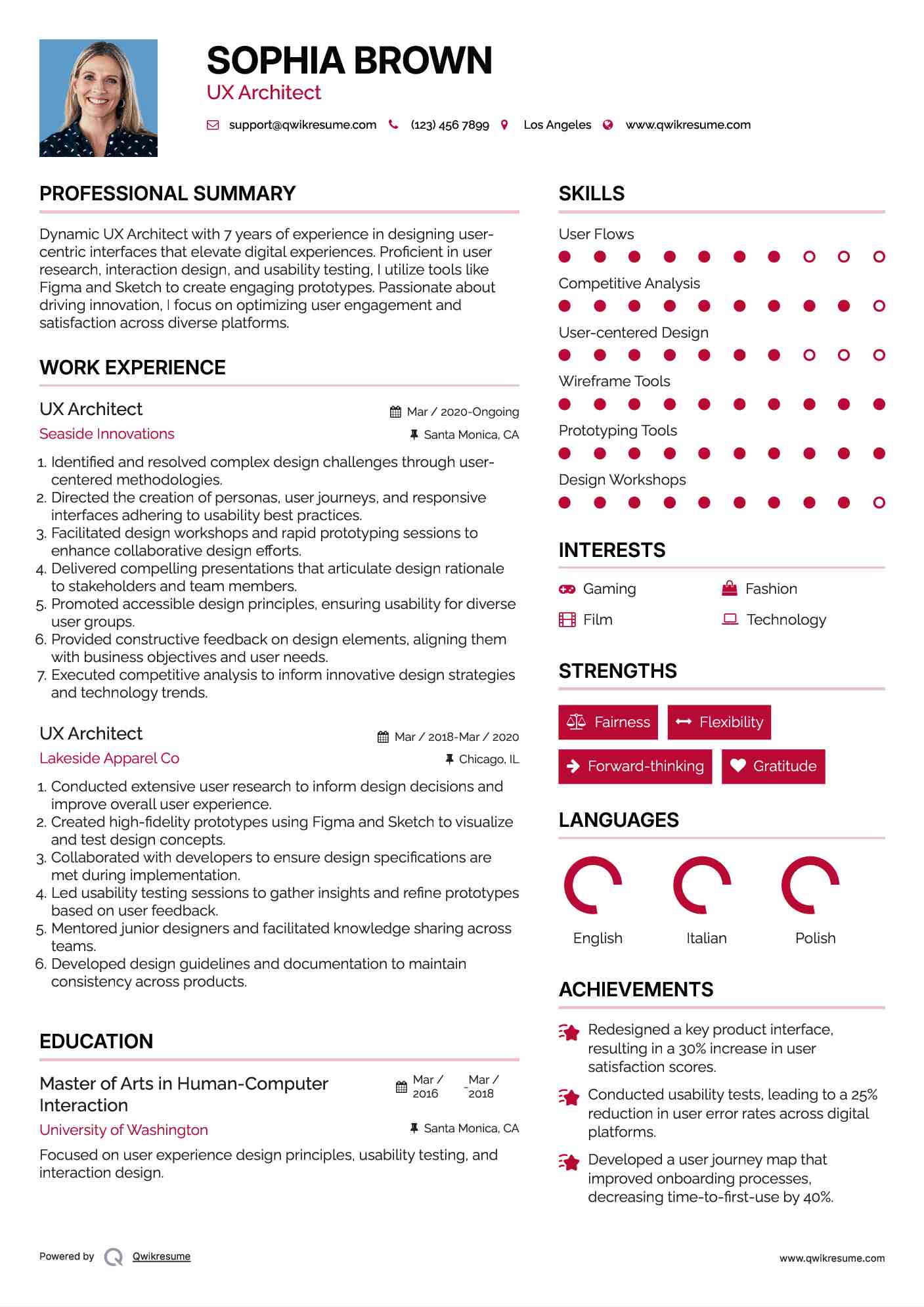 UX Architect Resume Format