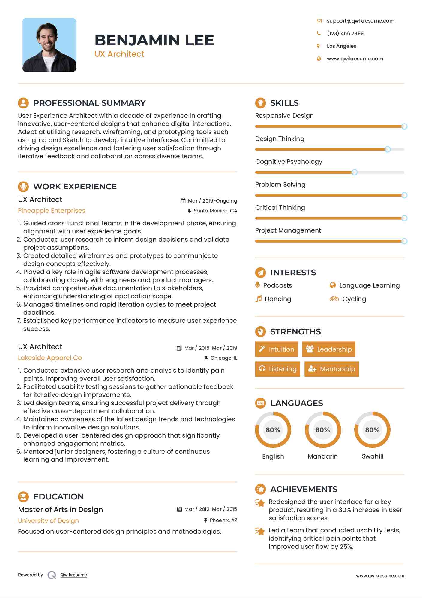 UX Architect Resume Format