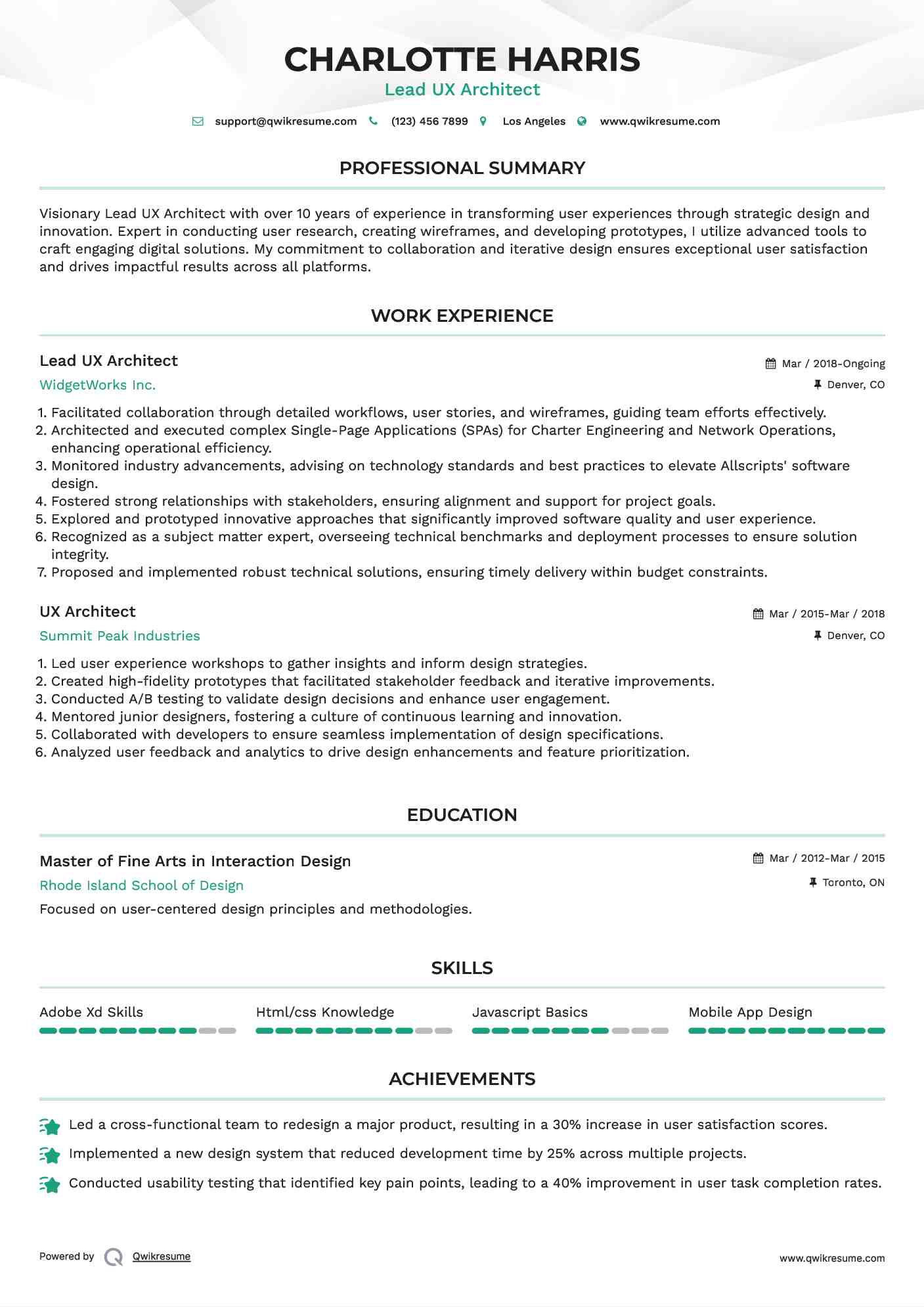 Lead UX Architect Resume Sample