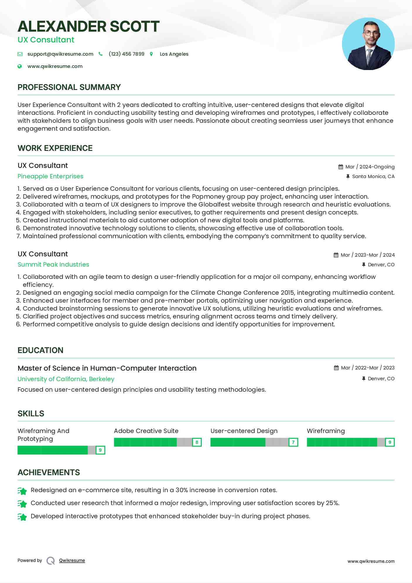 UX Consultant Resume Sample