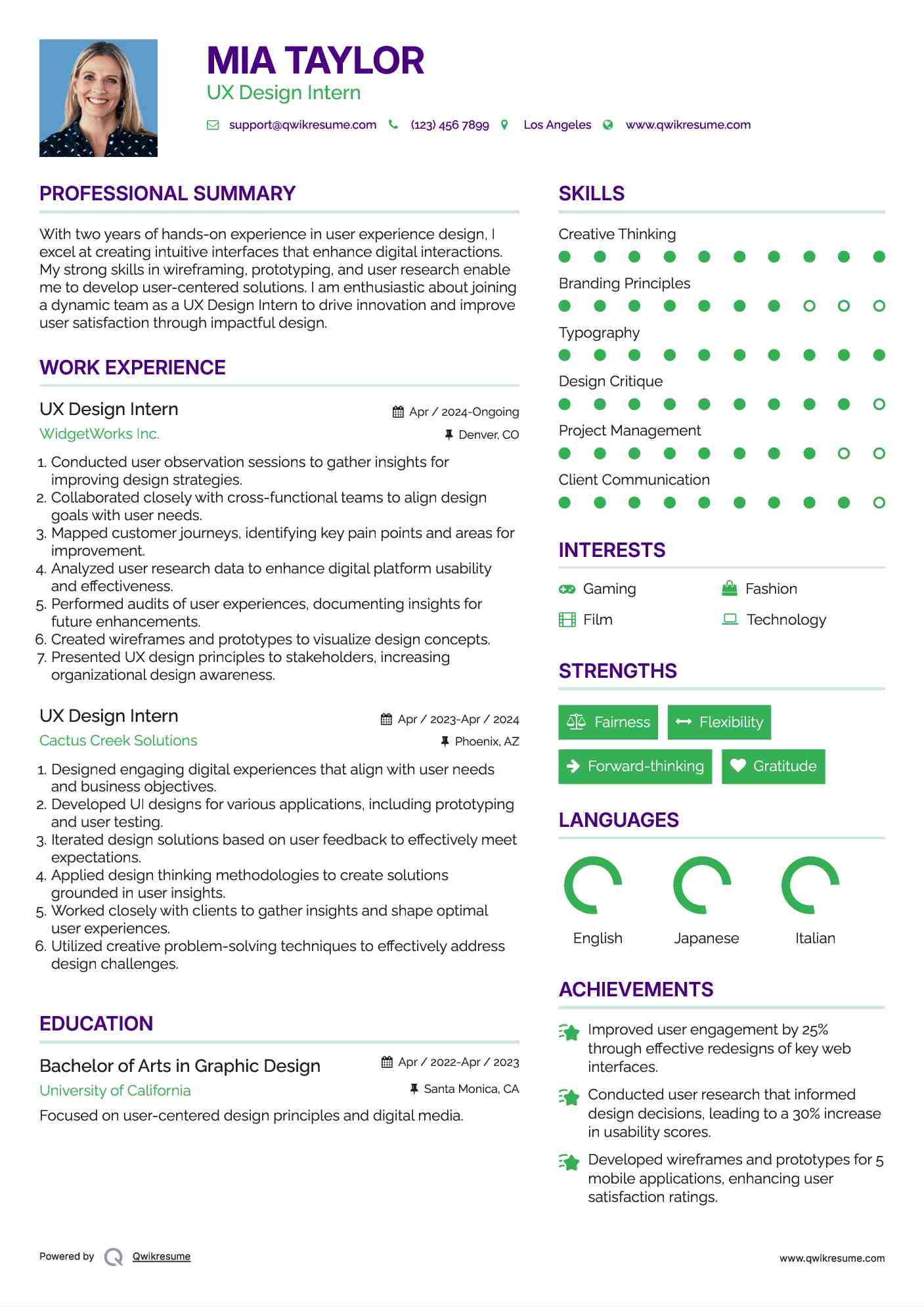 UX Design Intern Resume Example