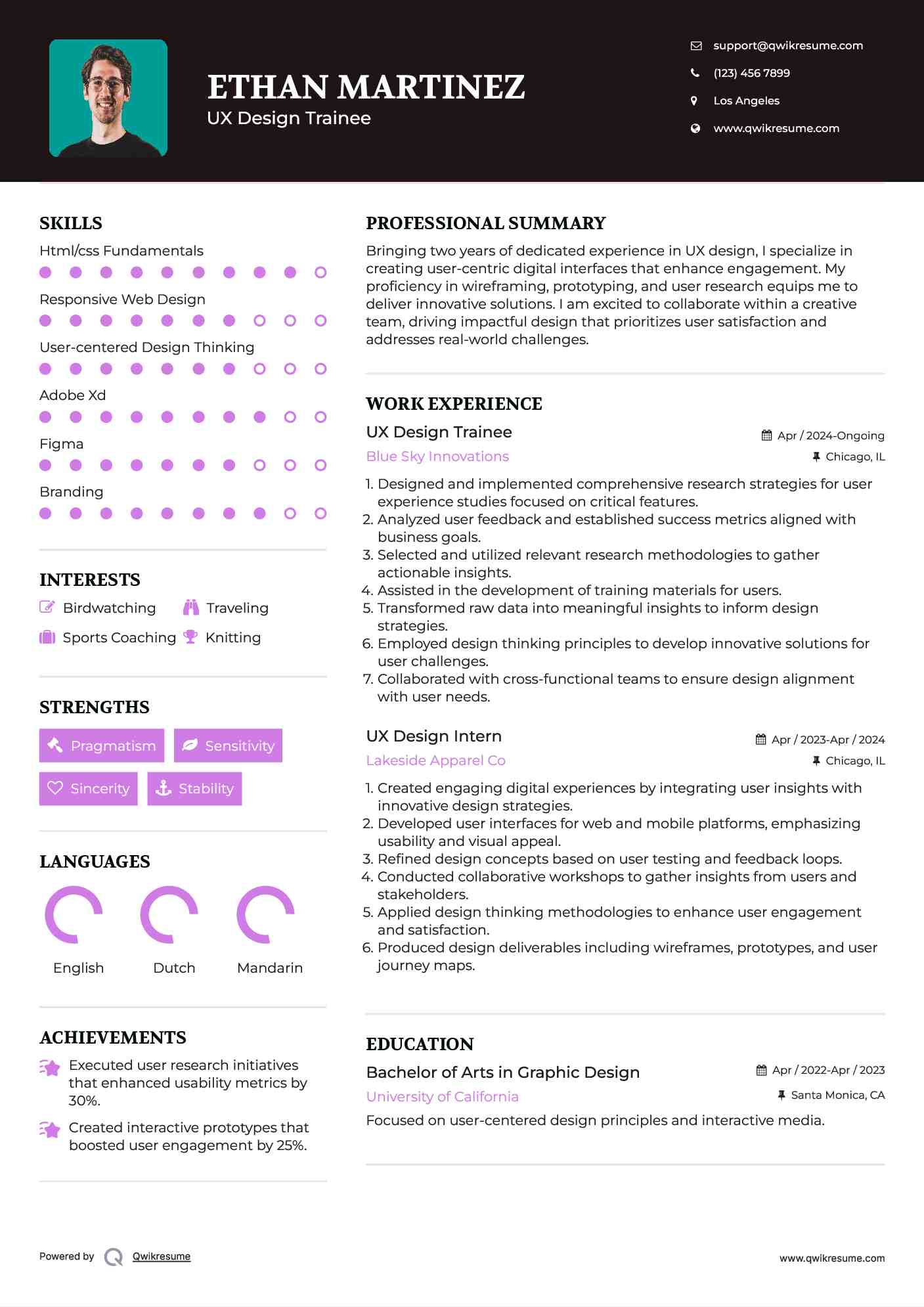 UX Design Trainee Resume Format
