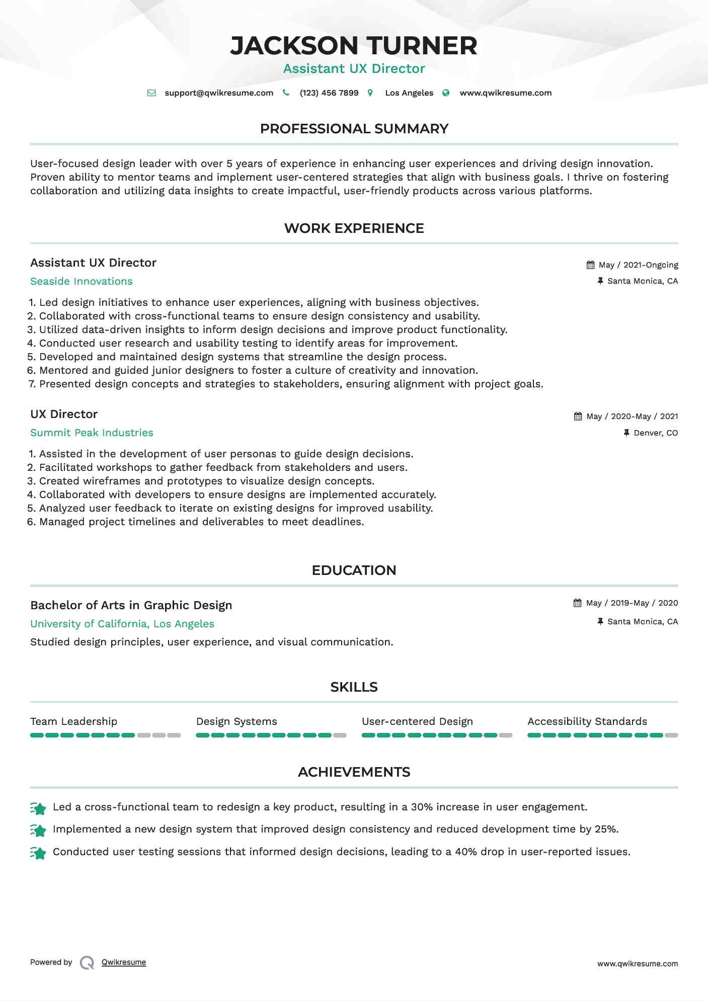 Assistant UX Director Resume Format
