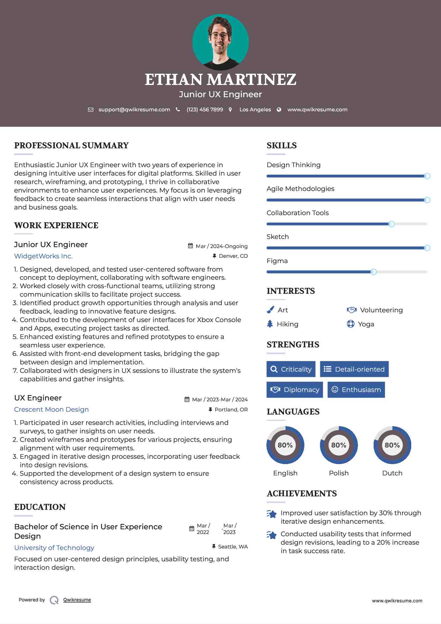 Junior UX Engineer Resume Example