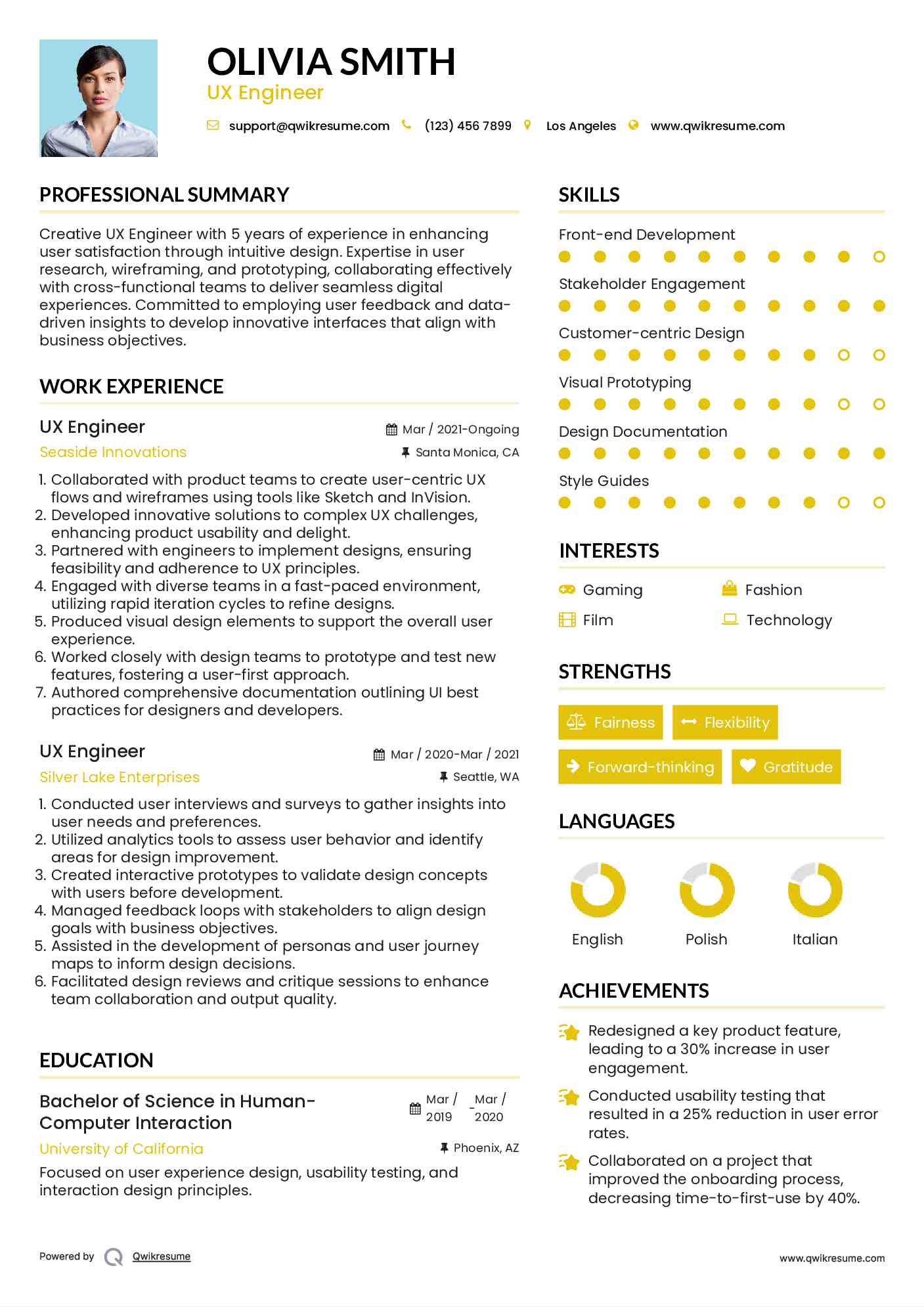 UX Engineer Resume Example