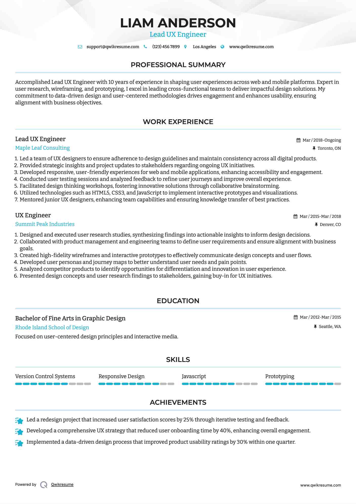 Lead UX Engineer Resume Model