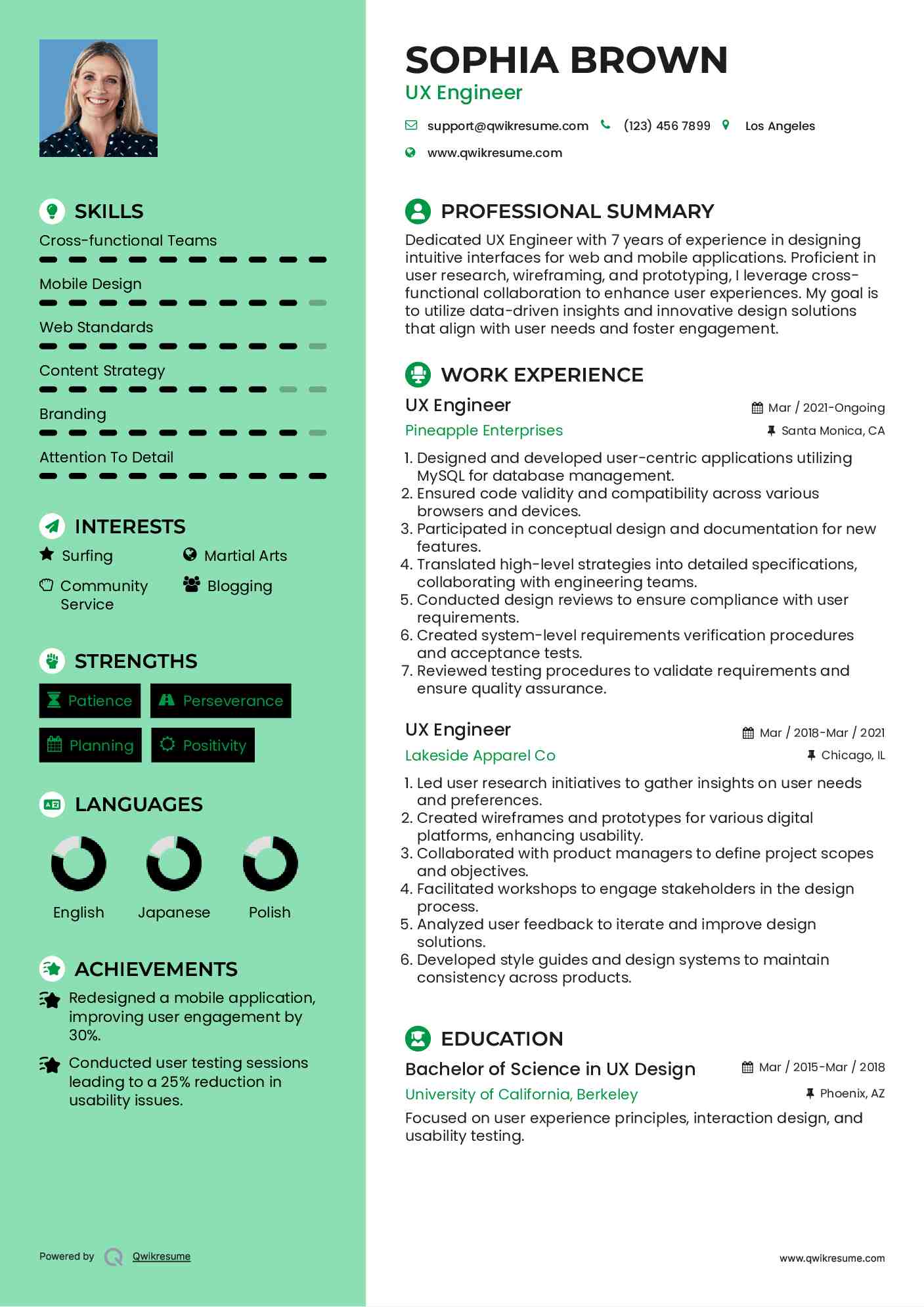 UX Engineer Resume Example