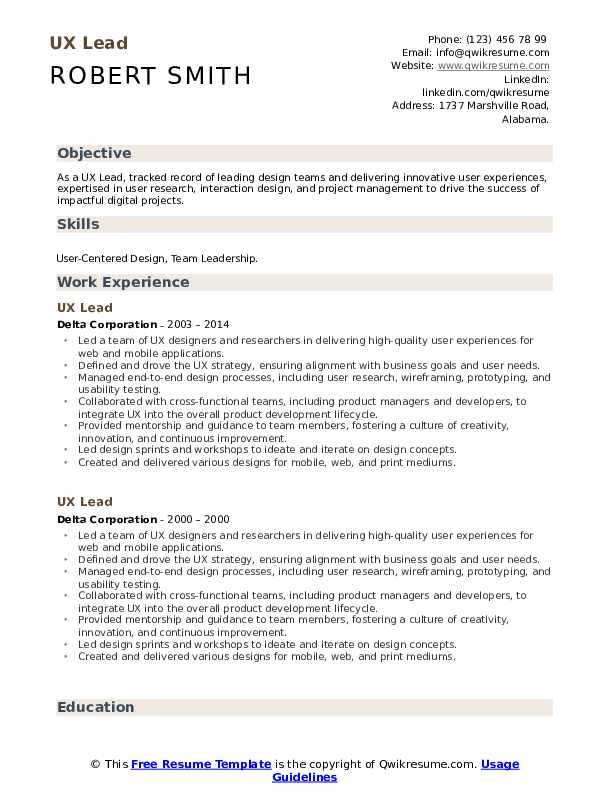 UX Lead Resume Samples QwikResume