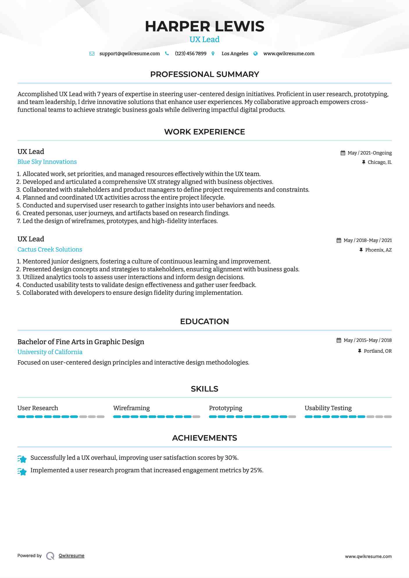 UX Lead Resume Sample