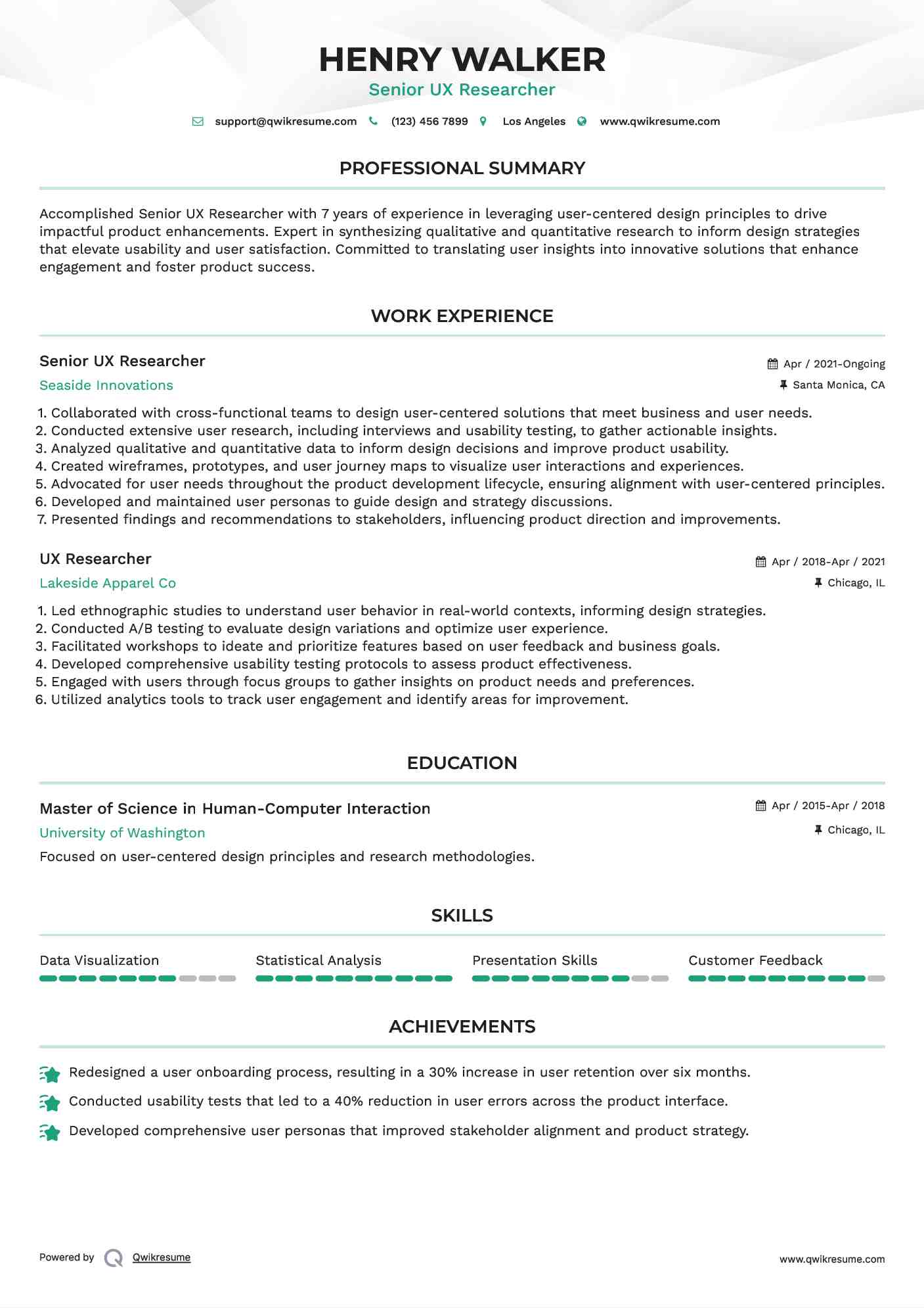 Senior UX Researcher Resume Template
