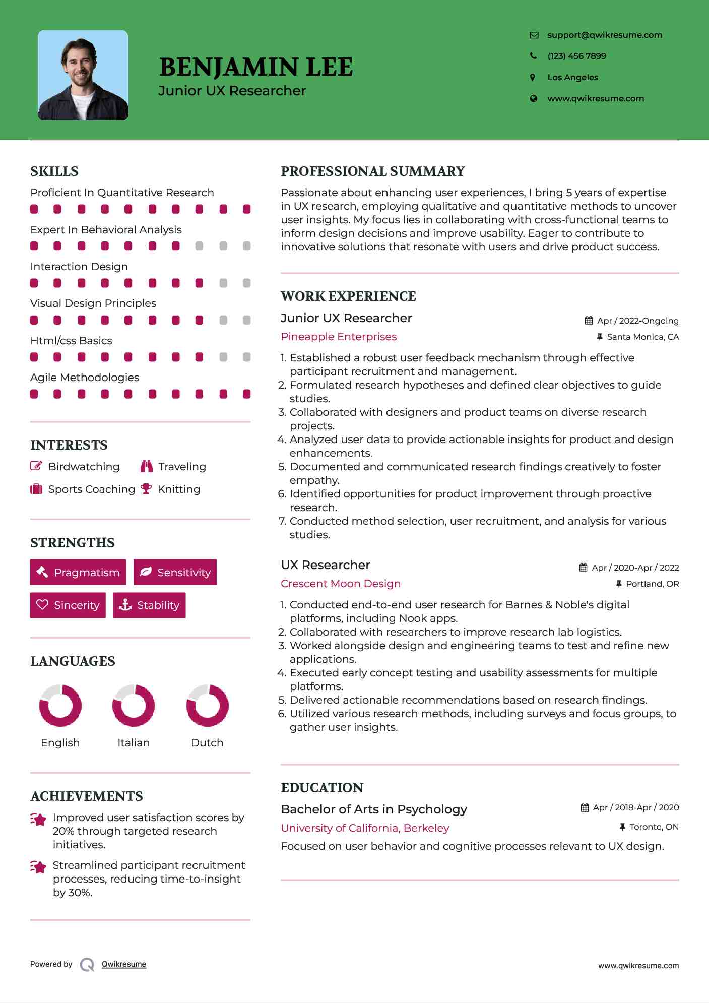 Junior UX Researcher Resume Sample